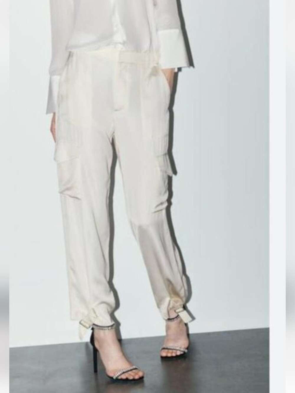Zara Cream Cargo Trousers with Ankle Tie